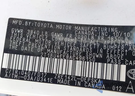 2010 Toyota Corolla S из США, поврежденный, VIN 2T1BU4EE8AC496150